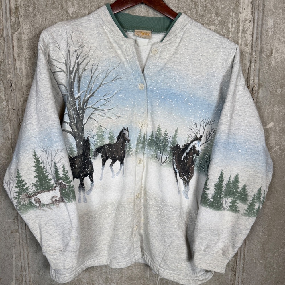 Artisans Vintage Horse Winter Scene Fleece Button‎ Up Cardigan Grey Womens M